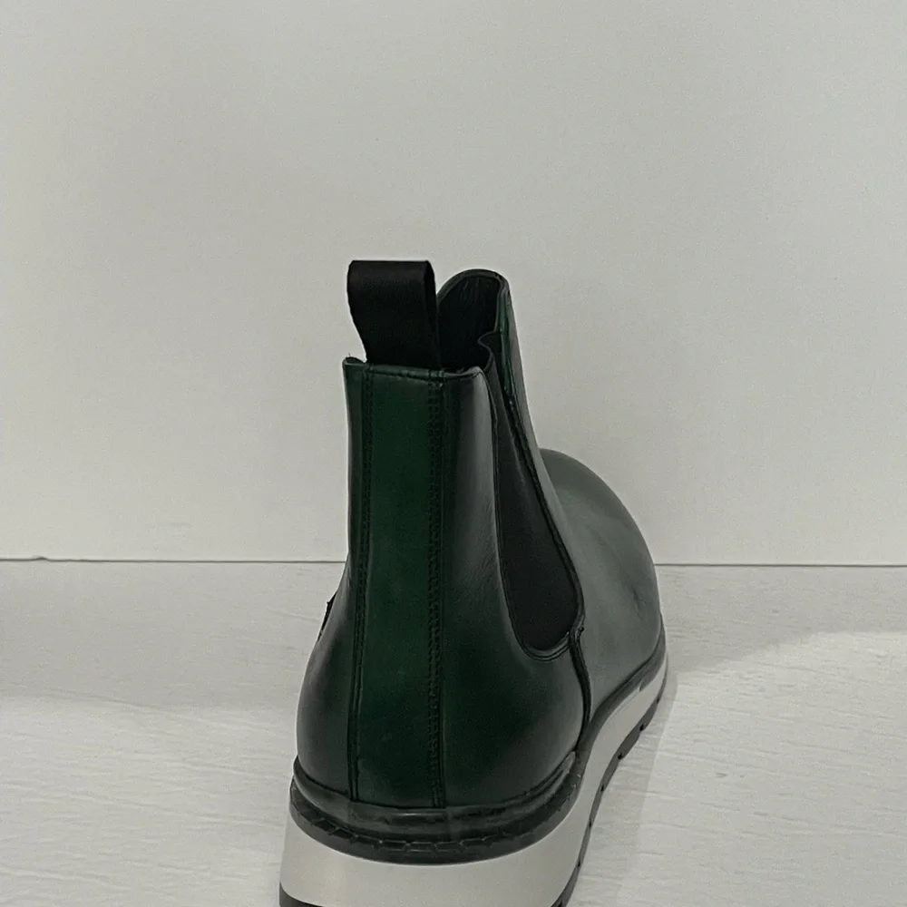 Duca boot slip on round toe green Atalian leather white bottom sole